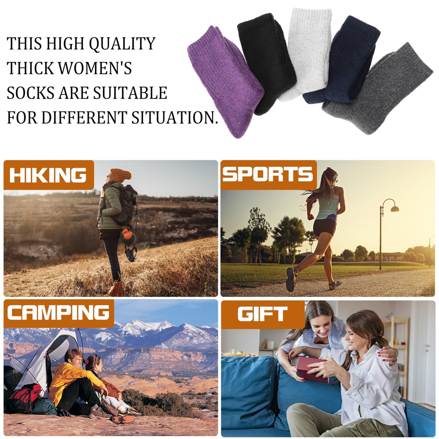 5 Pairs Merino Wool Hiking Socks, Thermal Warm Winter Thick Cushion Moisture Wicking Crew Boot Socks for Women, Perfect for Cold Weather, Winter Warm Essentials
