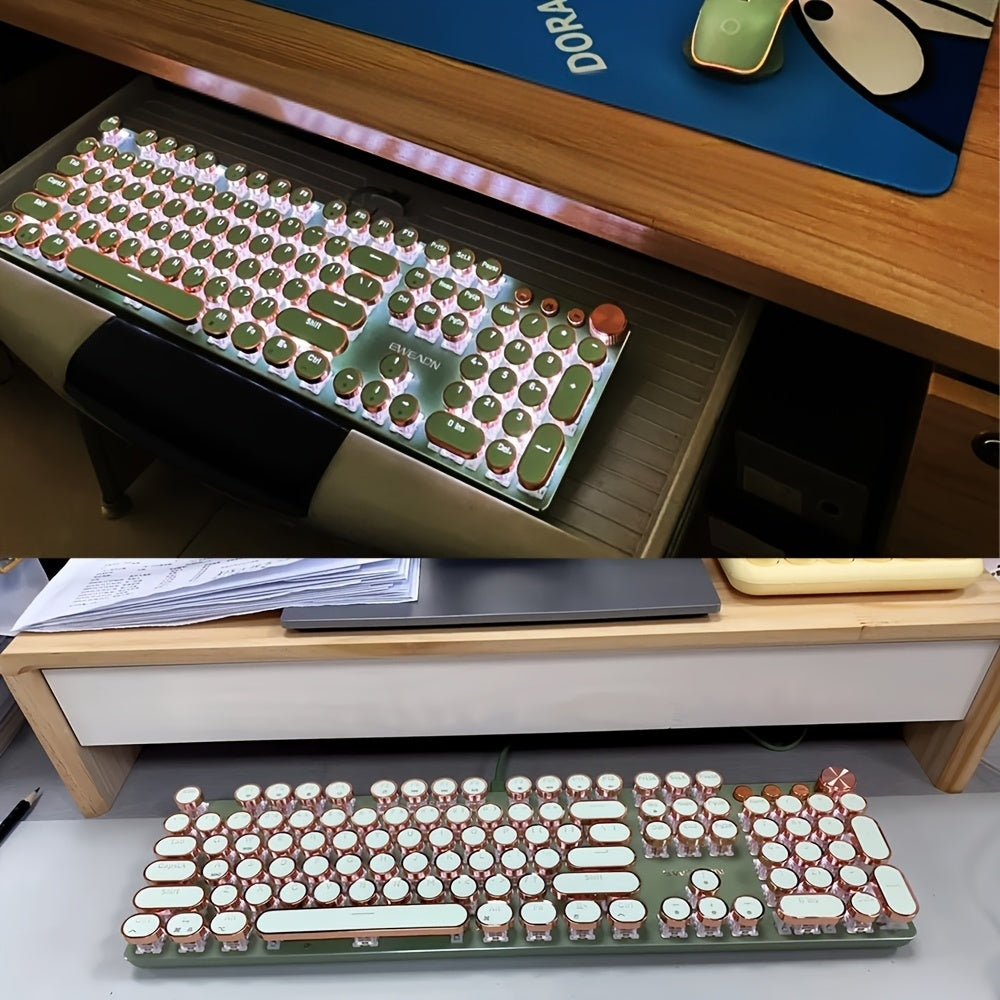 EWEADN Punk Typewriter Mechanical Gaming Keyboard, All-Metal Panel 104Keys Wired Retro Punk Round Keycaps with LED Backlit USB Wired Keyboards, Multimedia knob, Ergonomic Design for Game and Office, for Windows Laptop PC Green Peripherals