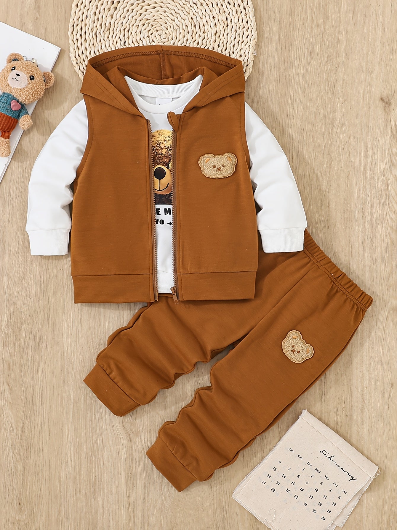 A 3pcs Set for Baby Boys Featuring a Hoodie with Bear And a Vest - Casual Sportswear with Zipper Details, Machine Washable - Perfect for Spring And Autumn, Ideal for Outdoor Activities.