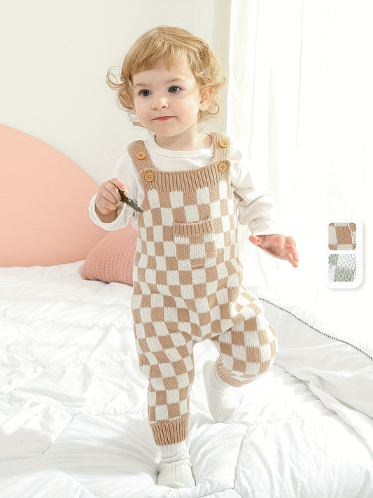 Kids' Knit Checkerboard Overalls with Cute Front Pocket - Cozy Acrylic, Stretchy, All-Season Wear for Boys and Girls, Casual Style, Perfect for Outdoor Wear, Perfect for Outdoor