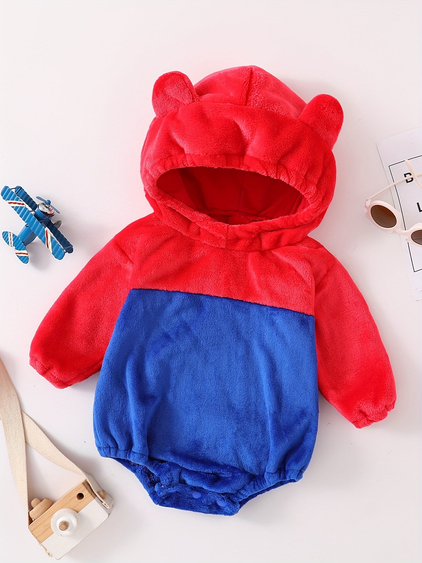 Baby's Cute Bear Character Themed Warm Fuzzy Hooded Long Sleeve Bodysuit, Toddler & Infant Girl's Onesie For Spring & Fall Outdoors