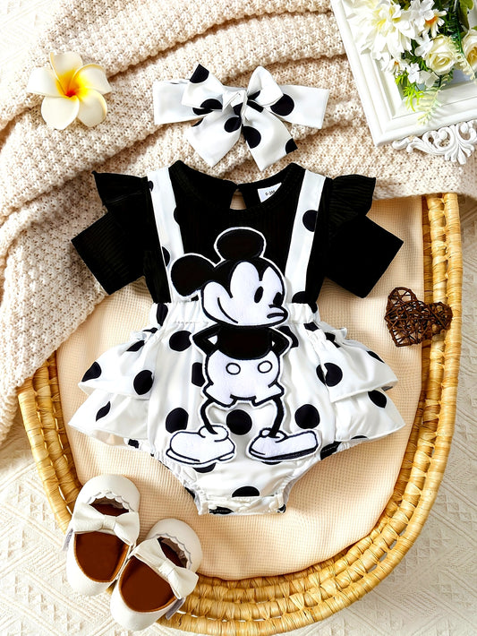 Baby's Cute Mouse Patchwork Faux Two-piece Bodysuit, Casual Short Sleeve Layered Romper Dress, Toddler & Infant Girl's Onesie For Summer