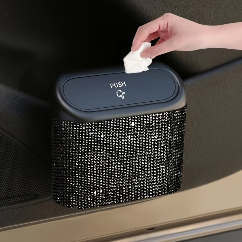 Artificial rhinestone inlaid car trash can, car interior hanging storage bin automatic lid trash can bag multi-functional mother car accessories