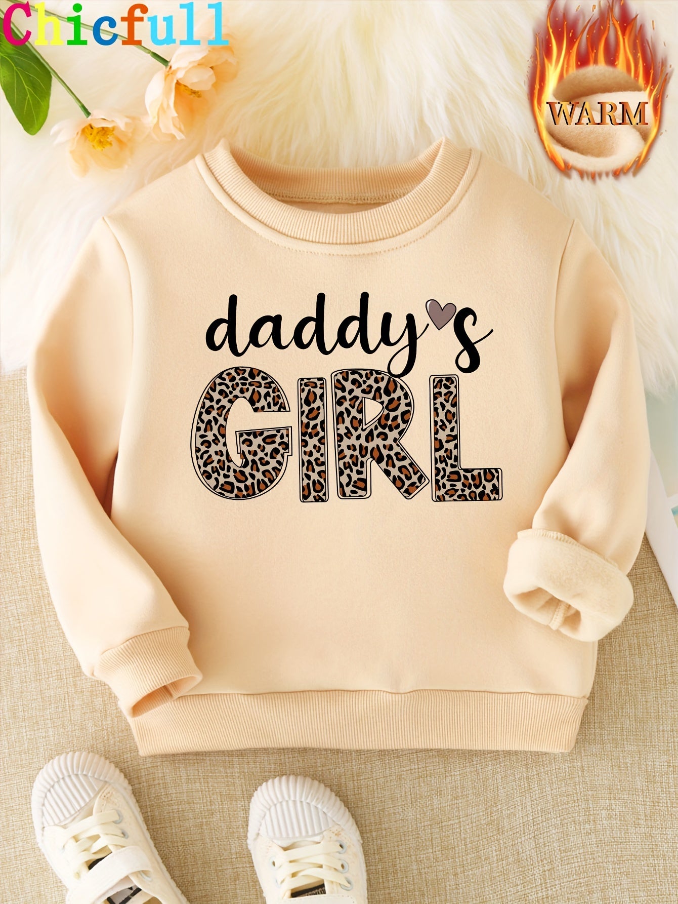 1pc Chicfull Daddy'S Girl Leopard Print Lettering Sweatshirt for Girls, Casual Style, Round Neck, Polyester, Knitted, Regular Fit, Warm and Stretchy - All Seasons, Thick