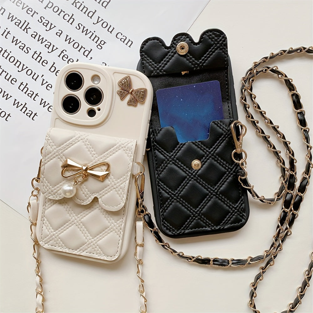 Diamond Grid Bow Card Phone Case Suitable for iPhone 15Promax/14plus with Lanyard Can Be Carried Obliquely 12pro/13promax Full Cover 12Mini/13Mini Soft Case 11 Protective Case Coin Purse