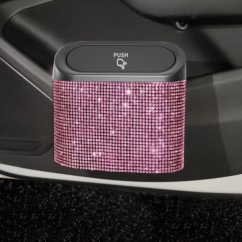 Artificial rhinestone inlaid car trash can, car interior hanging storage bin automatic lid trash can bag multi-functional mother car accessories