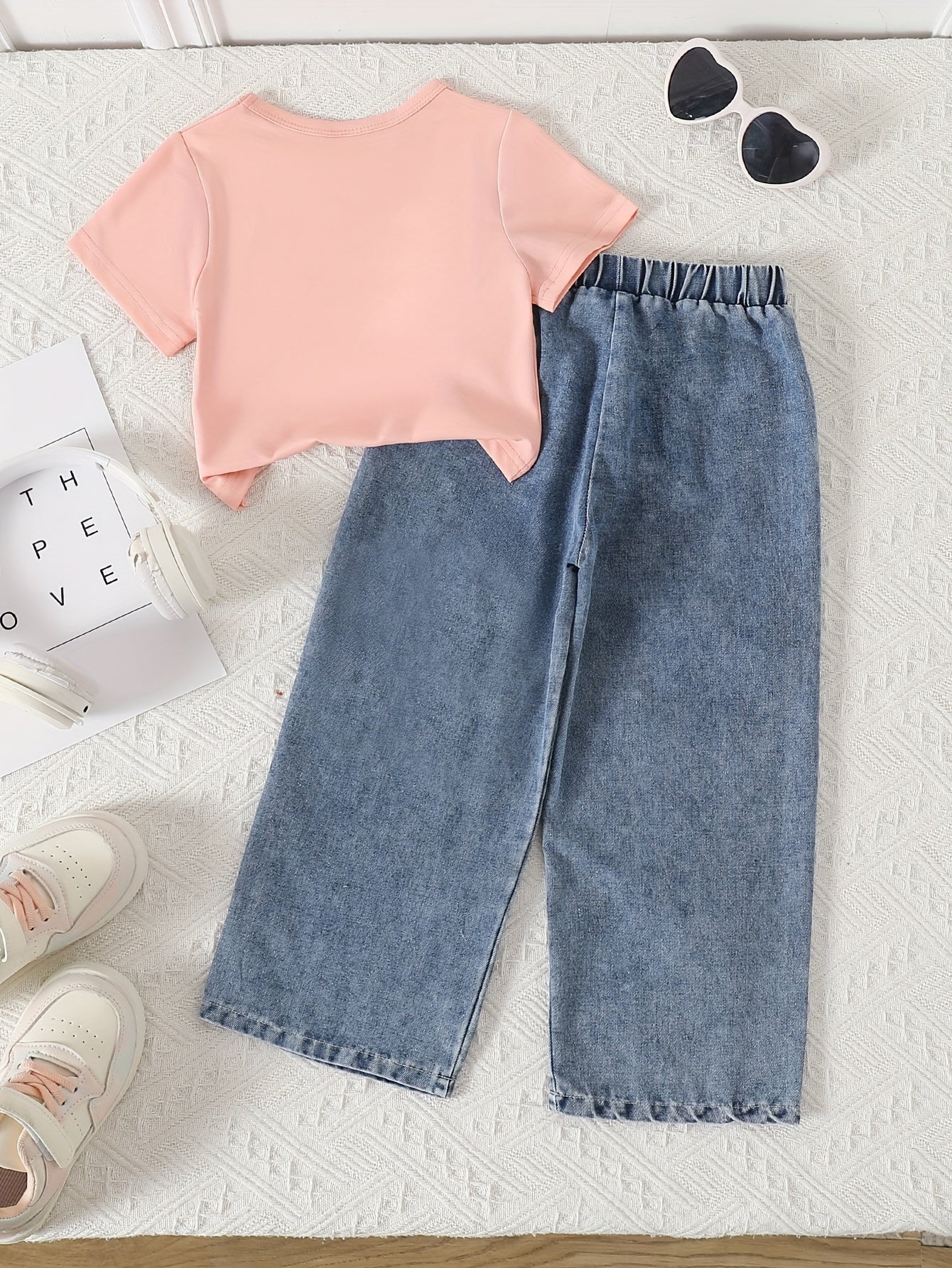 Girls' Pink Bow-Tie Denim Outfit - Short Sleeve T-Shirt & High-Waisted Pants with Adjustable Drawstring Waist, Soft Non-Stretch Fabric, Casual Spring Summer Fall Playwear, Denim Shorts for Girls, Spring Summer Clothing, Playful Design, Soft Fabric, Perfec