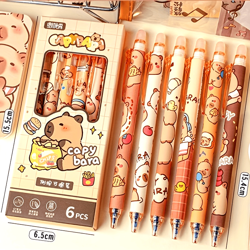 6pcs Set of Capybara Themed Erasable Gel Pens, Blue Ink Retractable Design, Smooth Writing, Fast Drying Office Accessory, Elegant Stationery Pen