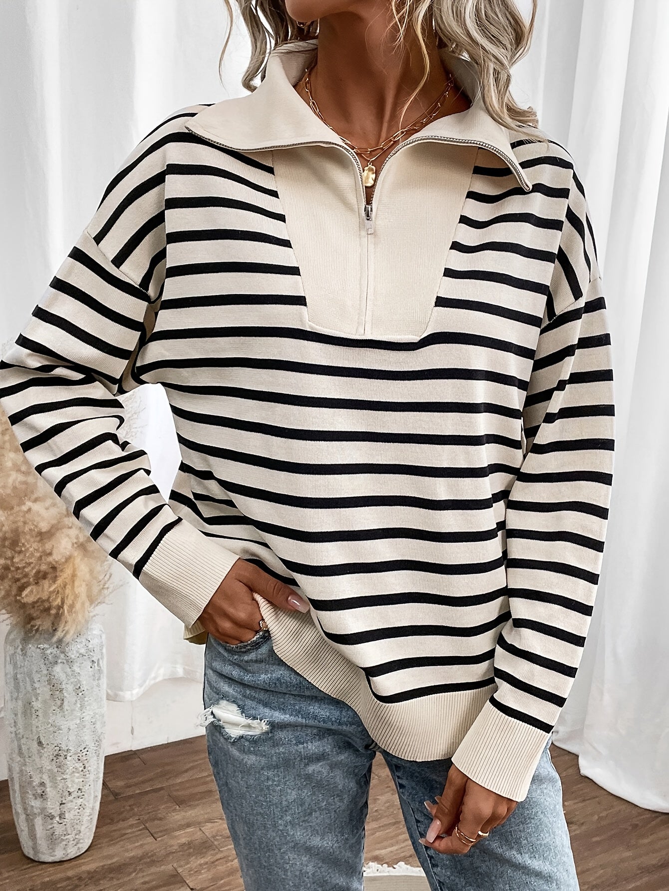 Long Sleeve Stripe Zip Up Collared Elegant Sweater for Fall & Winter, Women's Clothing, Drop Shoulder