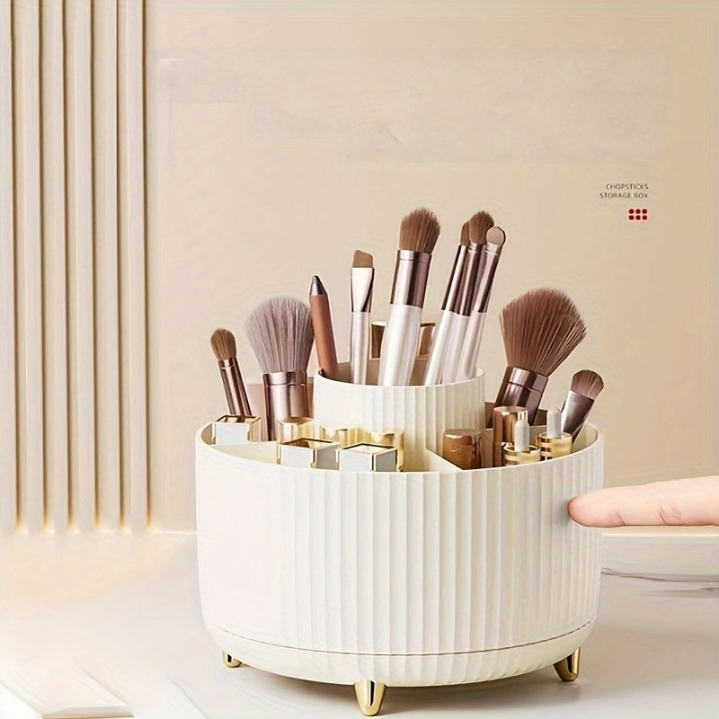 Round Multi-Compartment Rotating Pen Holder - Plastic Desk Organizer for Office Supplies and Cosmetics