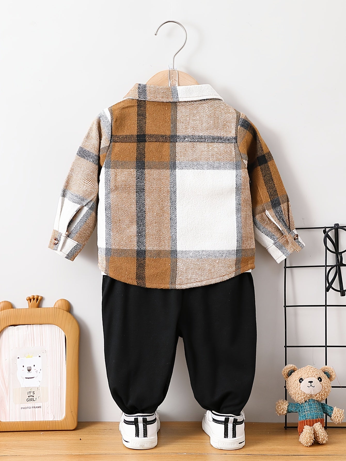 Baby Boys Stylish Lapel Plaid Coat Solid Color Trousers 2pcs Cotton Outdoor Set For Autumn And Winter Without T-shirt