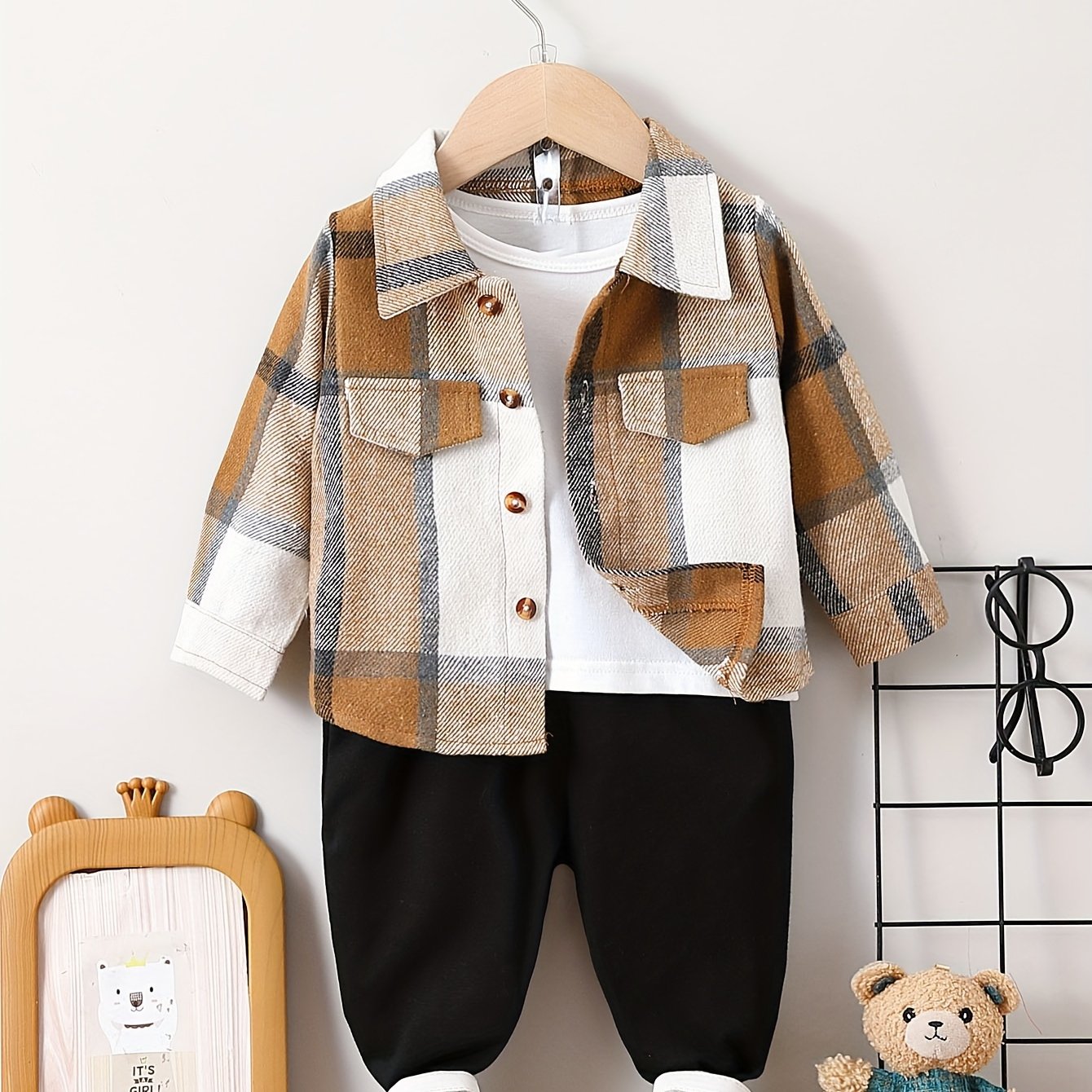 Baby Boys Stylish Lapel Plaid Coat Solid Color Trousers 2pcs Cotton Outdoor Set For Autumn And Winter Without T-shirt