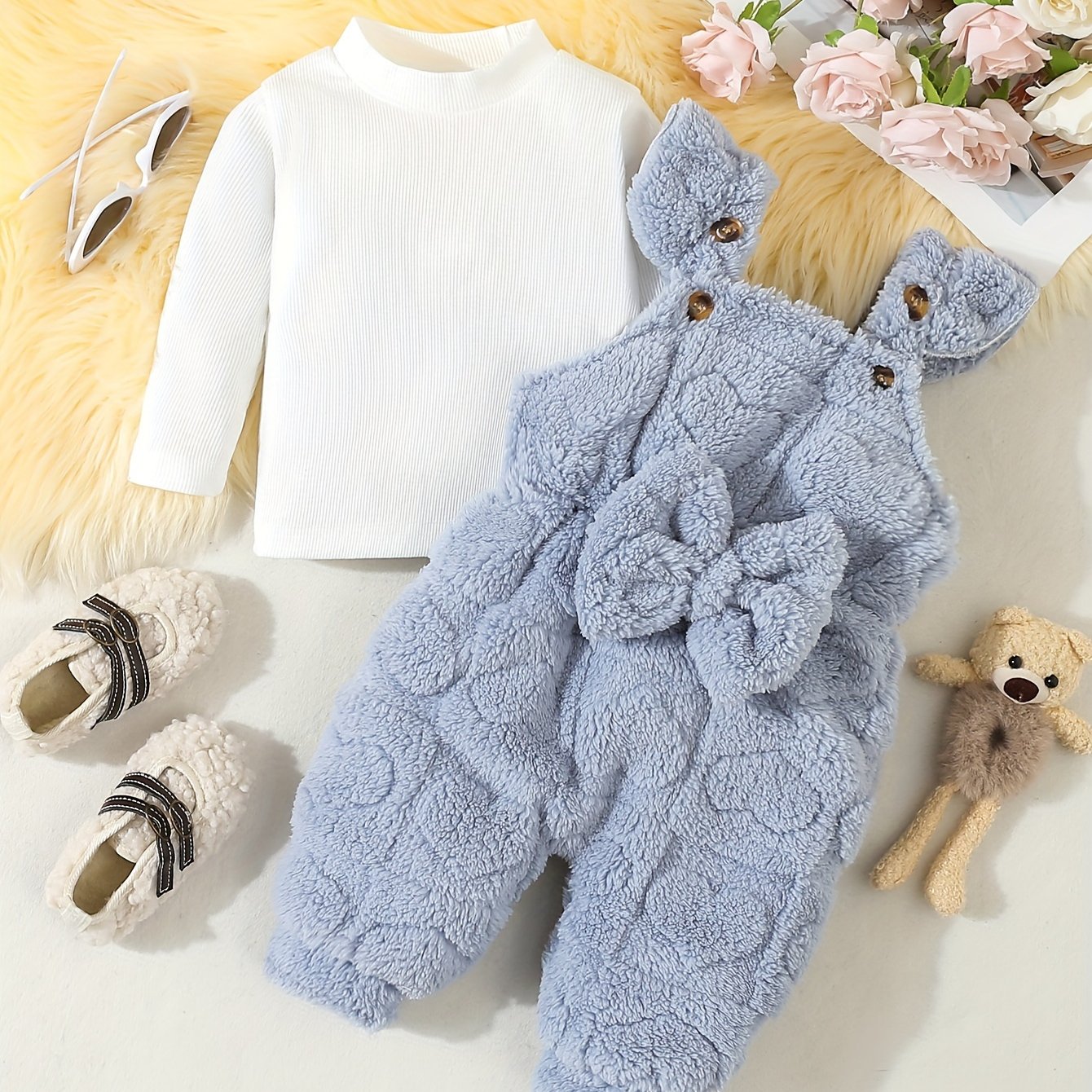 Adorable 2pcs Girls' Outfit Set - Cozy Long Sleeve Top & Heart Pattern Fleece Overalls with Bow Detail, Machine Washable, Perfect for Outdoor