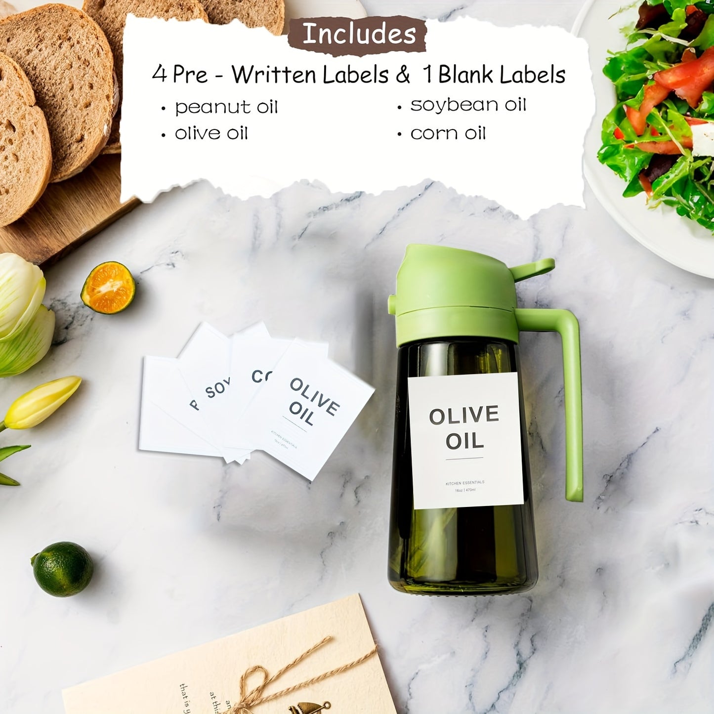 16oz Olive Green Glass Olive Oil Dispenser - 2-in-1 Oil Bottle and Cooking Sprayer with Auto Flip Cap and Label Stickers (Light Blocking)