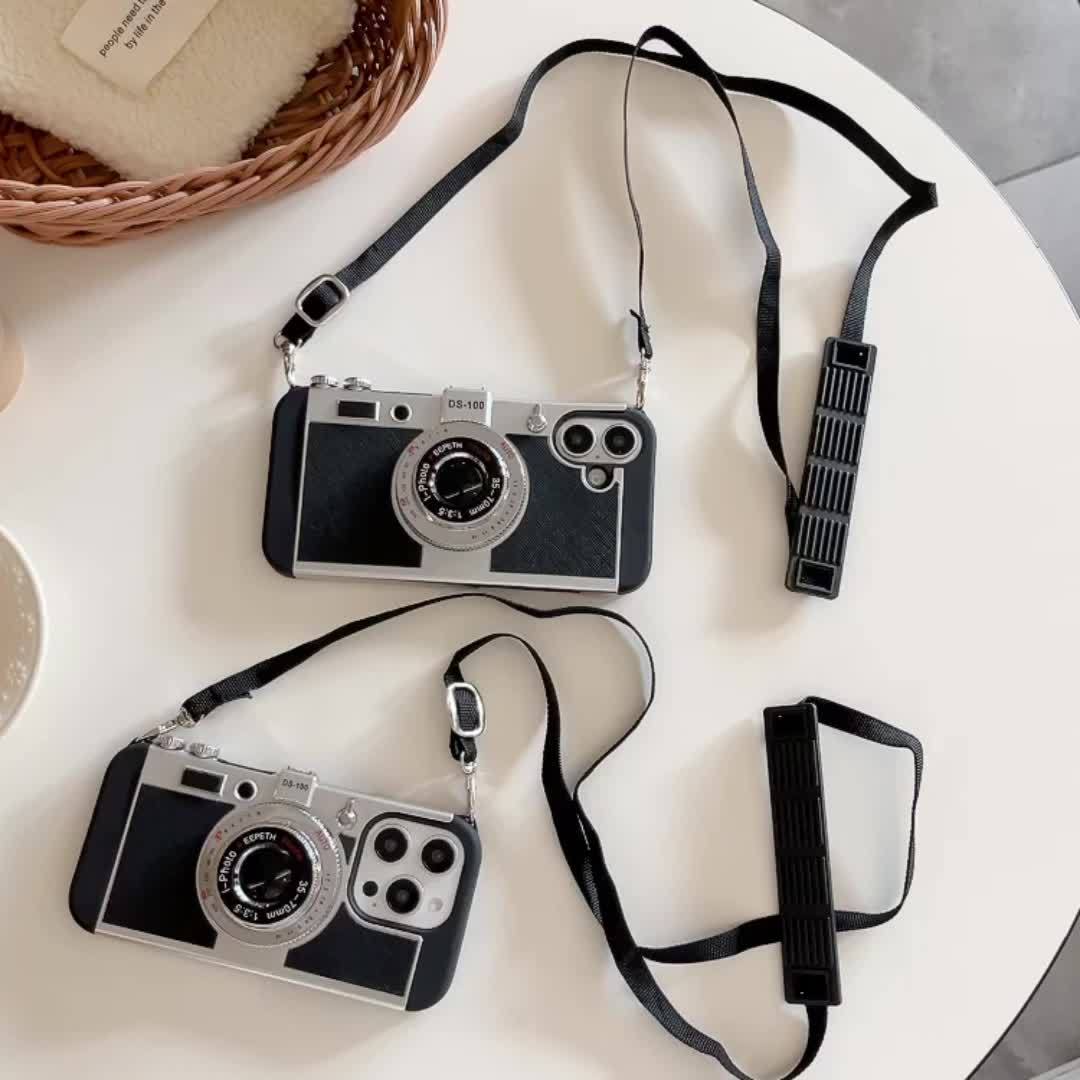 iPhone Crossbody Strap Case - 3D Camera Phone Case for 16 15 Pro 14 Plus 11 13 12 Pro Max - Cute Soft Protective Cover