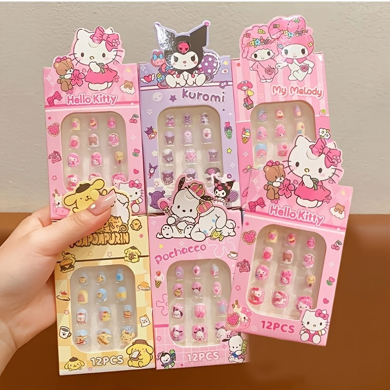 A Set of 6 Boxes Containing for hello kitty, Kurumi, Melody, for Cinnamoroll, for Pompompurin, And Pudding Dog Press-On Nail Kits, Featuring Full Coverage Short Square And Oval Fake Nail Tips, Totaling 72pcs (12pcs Per Box). Designed for Girls, with Vibra
