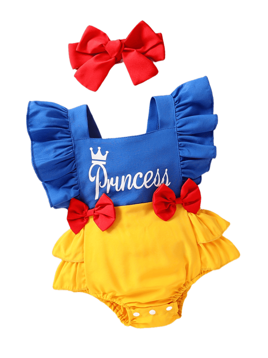 Baby's "Princess" Print Color Clash Triangle Bodysuit, Lovely Bowknot Decor Cap Sleeve Romper, Toddler & Infant Girl's Outdoor Onesie For Summer, As Gift