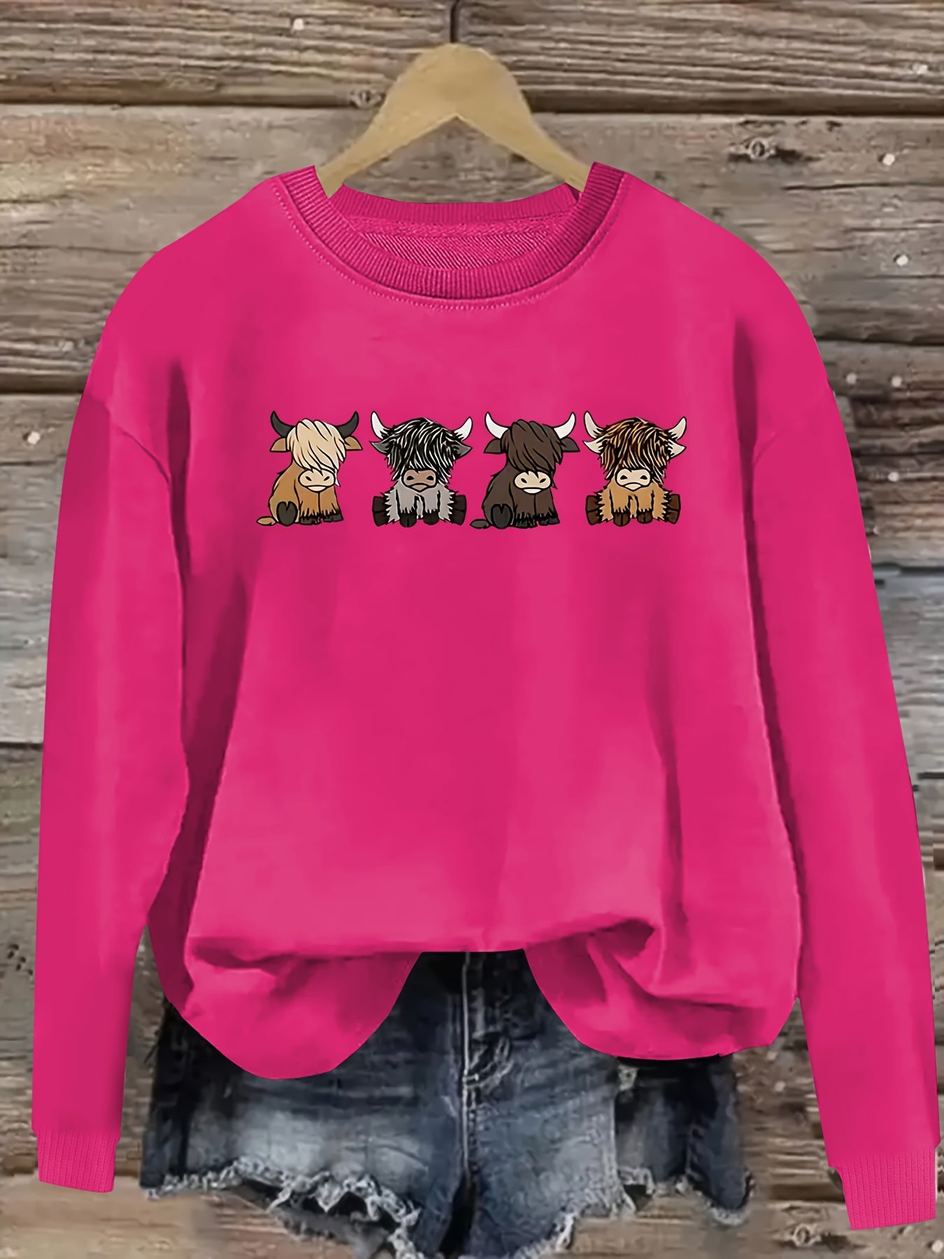 Women's Casual Long Sleeve Round Neck Sweatshirt - Cute Cartoon Cow Print Pullover, Cozy Beige Fall Winter Top, Machine Washable Regular Fit, Autumn Apparel, Comfortable Wear