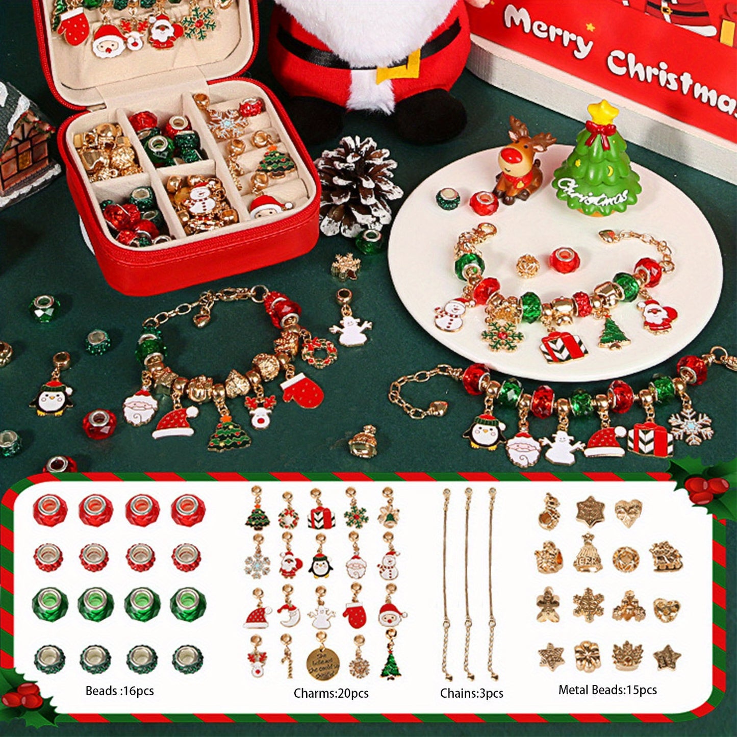 DIY Christmas Gift Set for Women: Elegant Red Green Series Christams Charm Bracelet Making Kit with Beads Jewelry