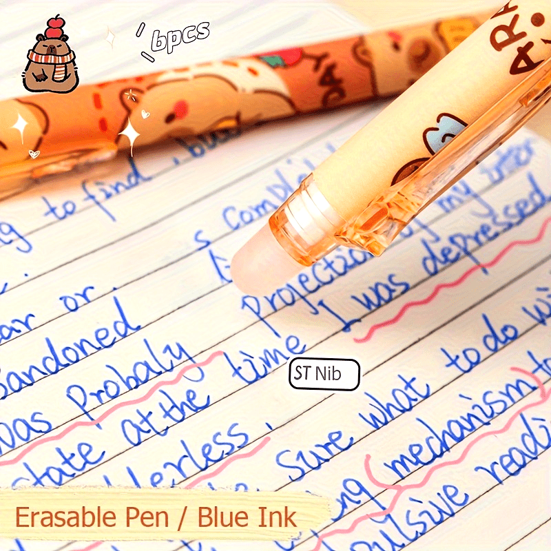 6pcs Set of Capybara Themed Erasable Gel Pens, Blue Ink Retractable Design, Smooth Writing, Fast Drying Office Accessory, Elegant Stationery Pen