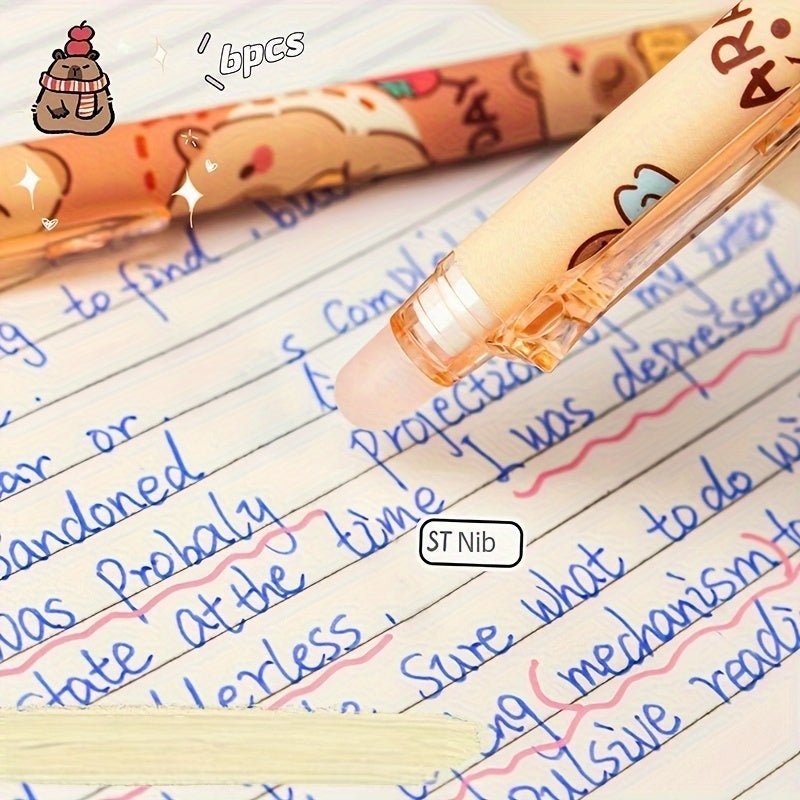 6pcs Set of Capybara Themed Erasable Gel Pens, Blue Ink Retractable Design, Smooth Writing, Fast Drying Office Accessory, Elegant Stationery Pen