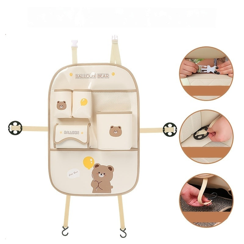 1 Cute Faux Leather Car Seat Backrest Organizer with Touch Screen Controlled Multifunctional Storage Protection Pad, Ideal for Travel And Storage