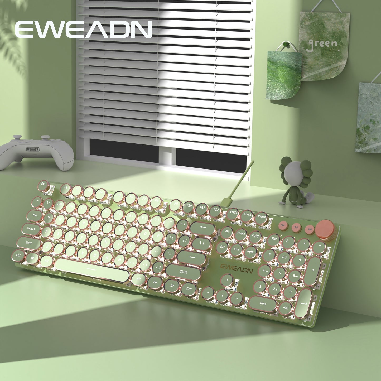 EWEADN Punk Typewriter Mechanical Gaming Keyboard, All-Metal Panel 104Keys Wired Retro Punk Round Keycaps with LED Backlit USB Wired Keyboards, Multimedia knob, Ergonomic Design for Game and Office, for Windows Laptop PC Green Peripherals