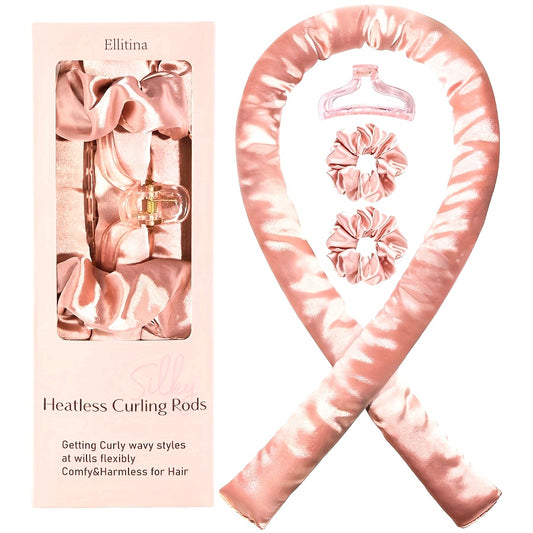 Ellitina 4pcs Spring-Summer Heatless Curling Set - No-Heat Overnight Waves & Satin Travel Kit | Sleep-Soft Adjustable Rod & Headbands (Leopard/Hearts) | DIY Vacation Curls Anywhere | Luxury Mother's Day gift