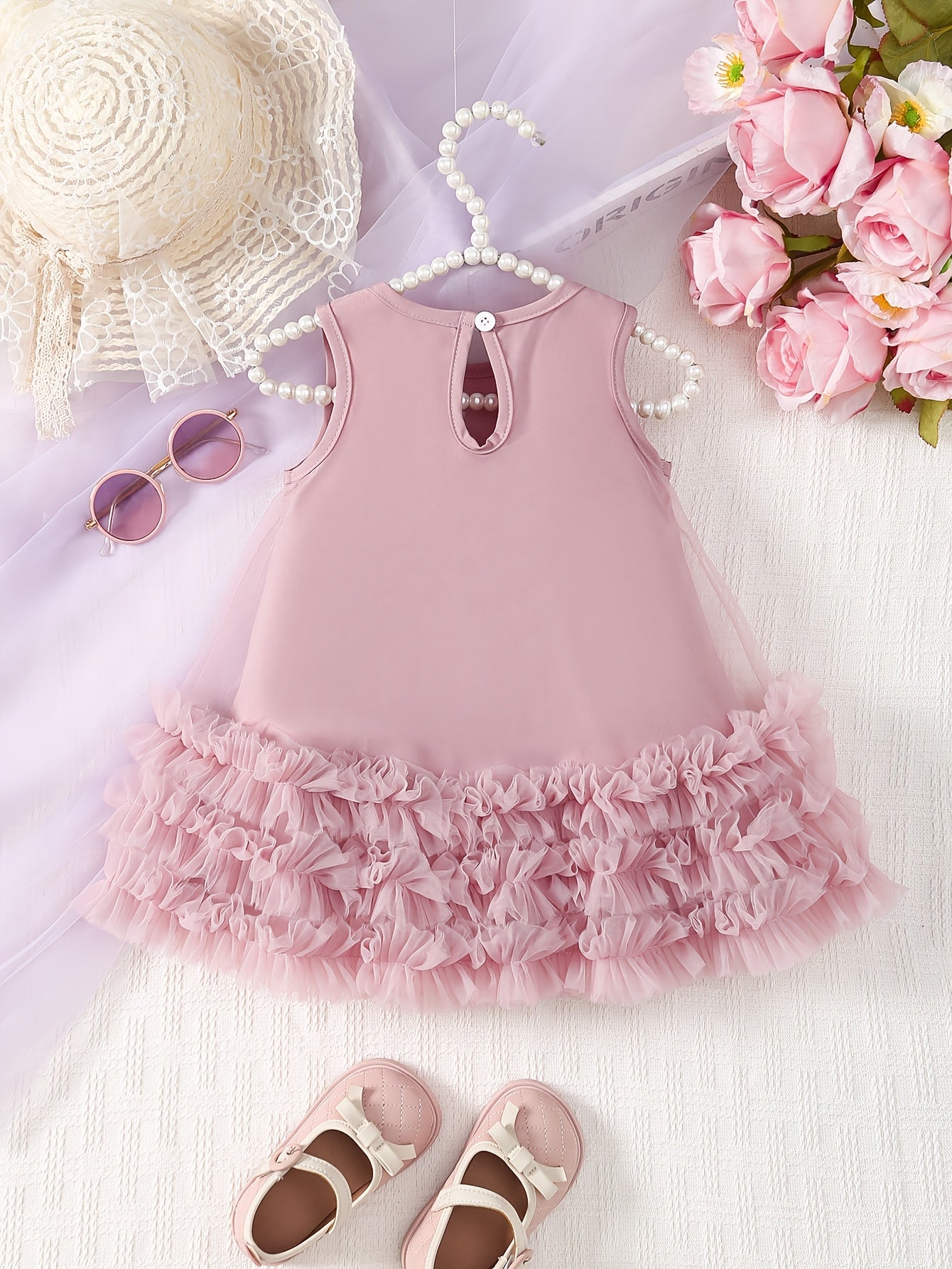 Girls' New Customized Light Pink Sleeveless Round Neck Tulle White Bow Pink Mesh Skirt Lace Casual Outdoor Dress