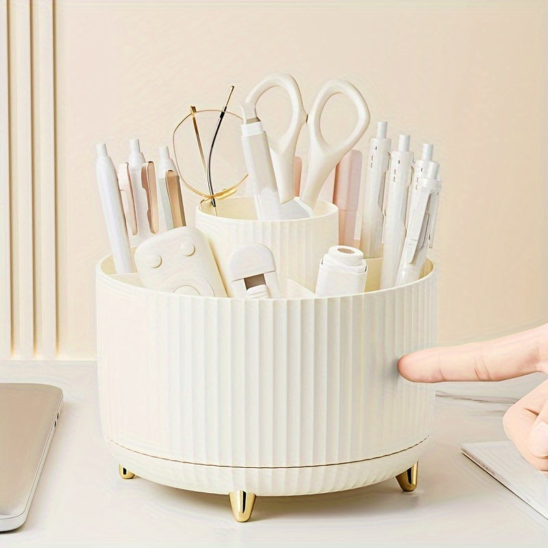 Round Multi-Compartment Rotating Pen Holder - Plastic Desk Organizer for Office Supplies and Cosmetics