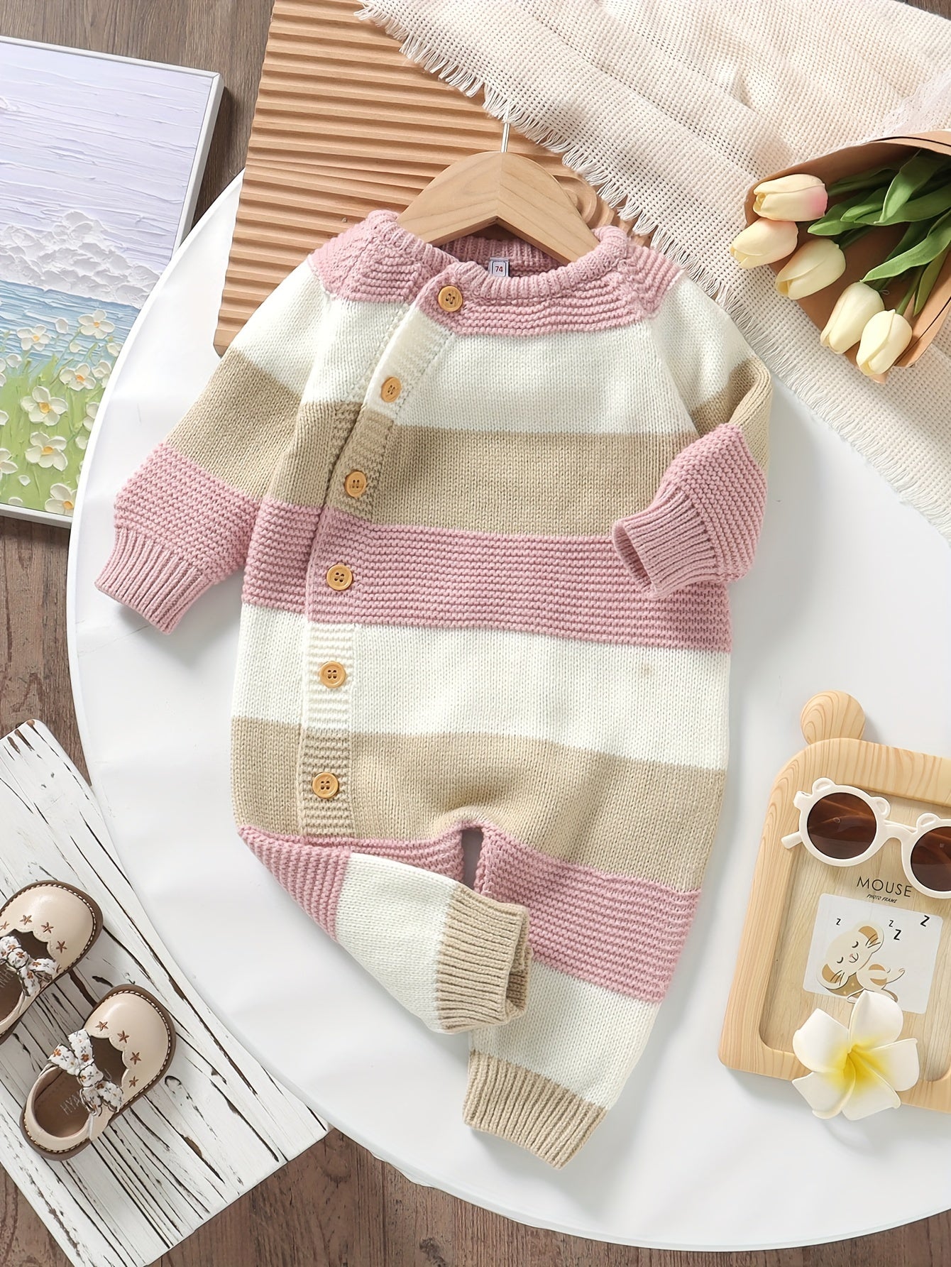 DOVFANNY Baby Boys' Striped Long-Sleeve Romper - Soft Acrylic Knit Jumpsuit with Button Front, Gray & Pink Horizontal Stripes, Perfect for Fall/Winter, Baby Boy Clothes, Fall Winter Apparel, Cozy Infantwear, Playful Infantwear, Durable Infantwear