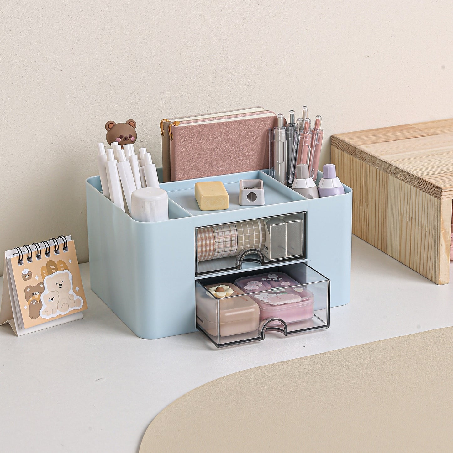 1pc Multi-Functional Plastic 5 Compartments Desk Organizer with 2 Drawers - Office Supply Caddy, Portable Desktop Storage for Stationery, Pens, Pencils, Art Supplies
