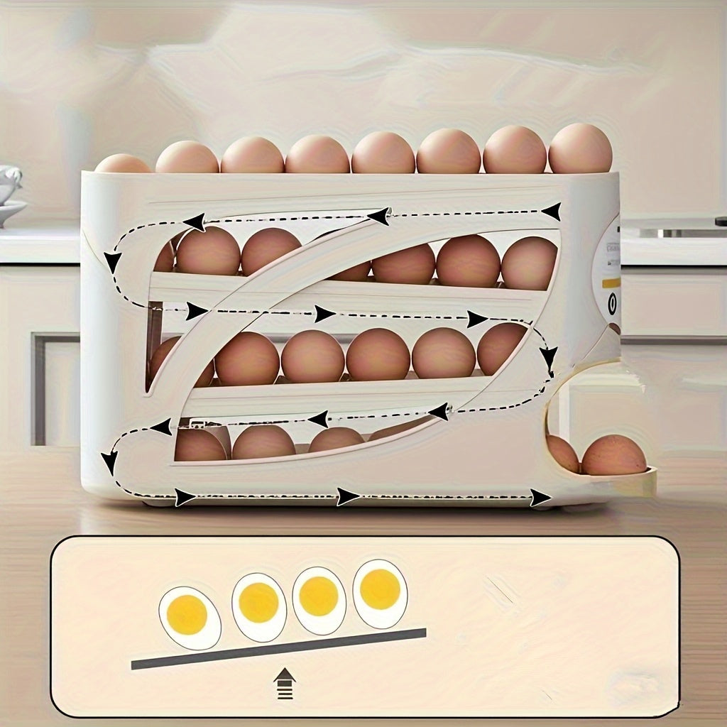 4-Tier Rolling Egg Holder - Space-Saving Side Door Design, Holds Up to 30 Eggs, Smooth Glossy Finish, Convenient Grip Handles, Ideal for Kitchen & Refrigerator Storage, Kitchen Organization | Modern Kitchen Accessory | Durable Plastic Holder,
