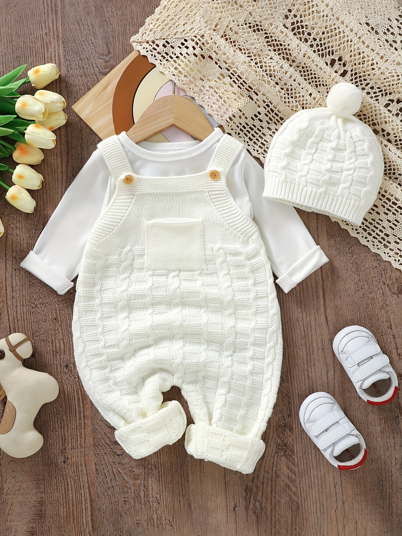DOVFANNY 2pcs Baby Outfit Set, Acrylic Knit Crew Neck Jumpsuit with Leggings and Matching Hat, Casual Solid Color, Slight Stretch, Sleeveless, Regular Fit for Fall/Winter, for Outdoor