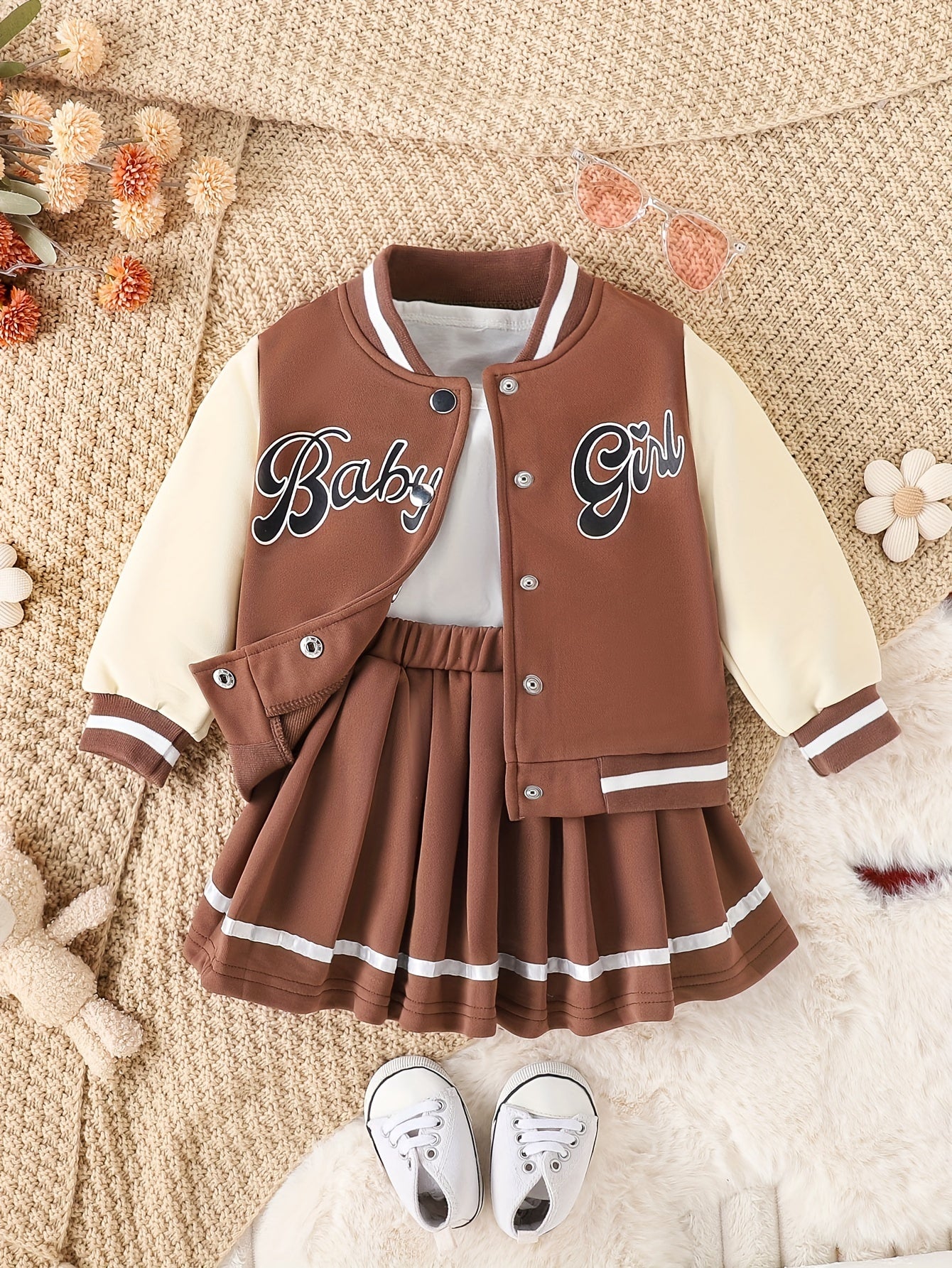 Girls' American Style Patchwork Baseball Jacket & Preppy Pleated Skirt Set, Long Sleeve Crew Neck with Alphabet Applique, Knee-Length Regular Fit for Fall/Winter, Perfect for Outdoor