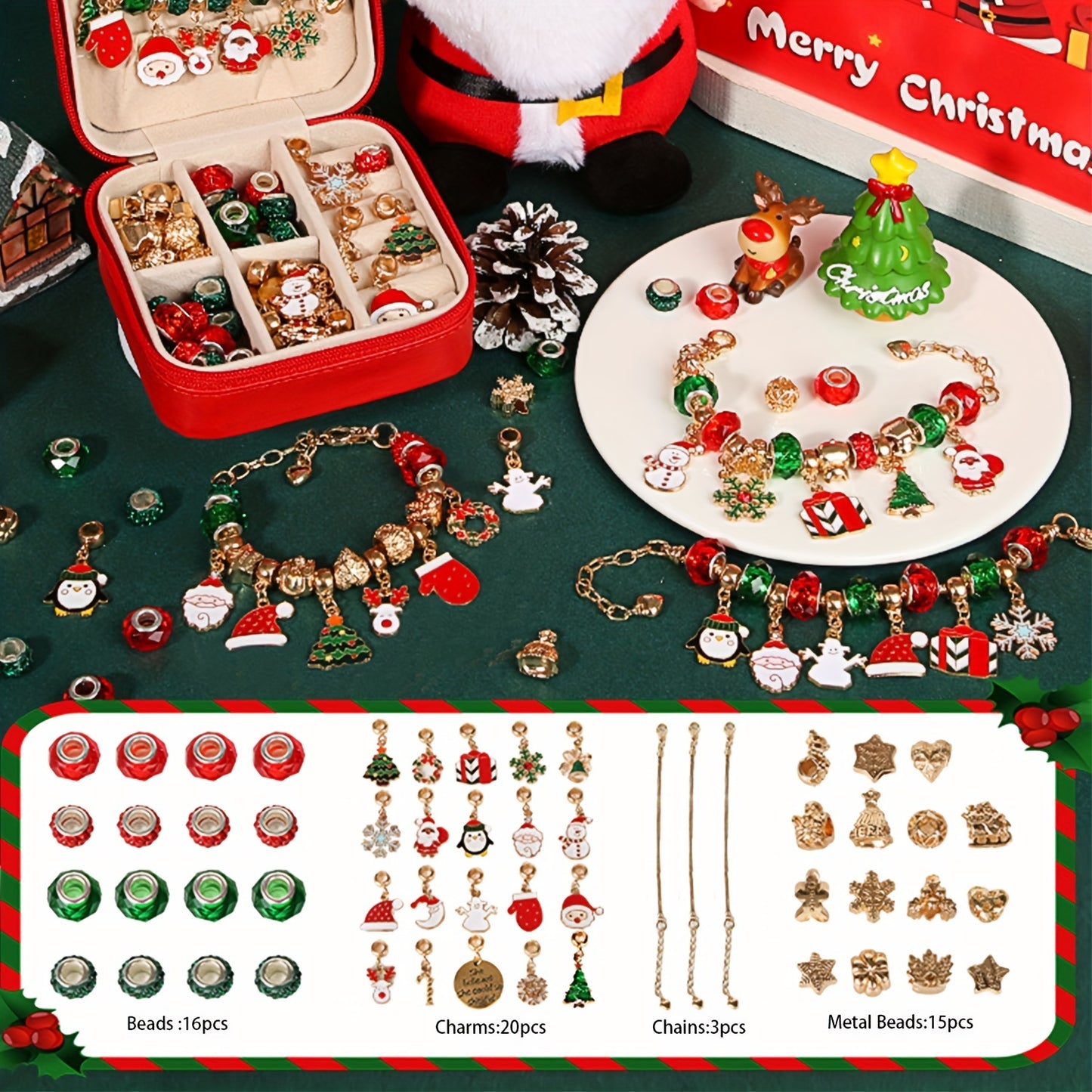 DIY Christmas Gift Set for Women: Elegant Red Green Series Christams Charm Bracelet Making Kit with Beads Jewelry