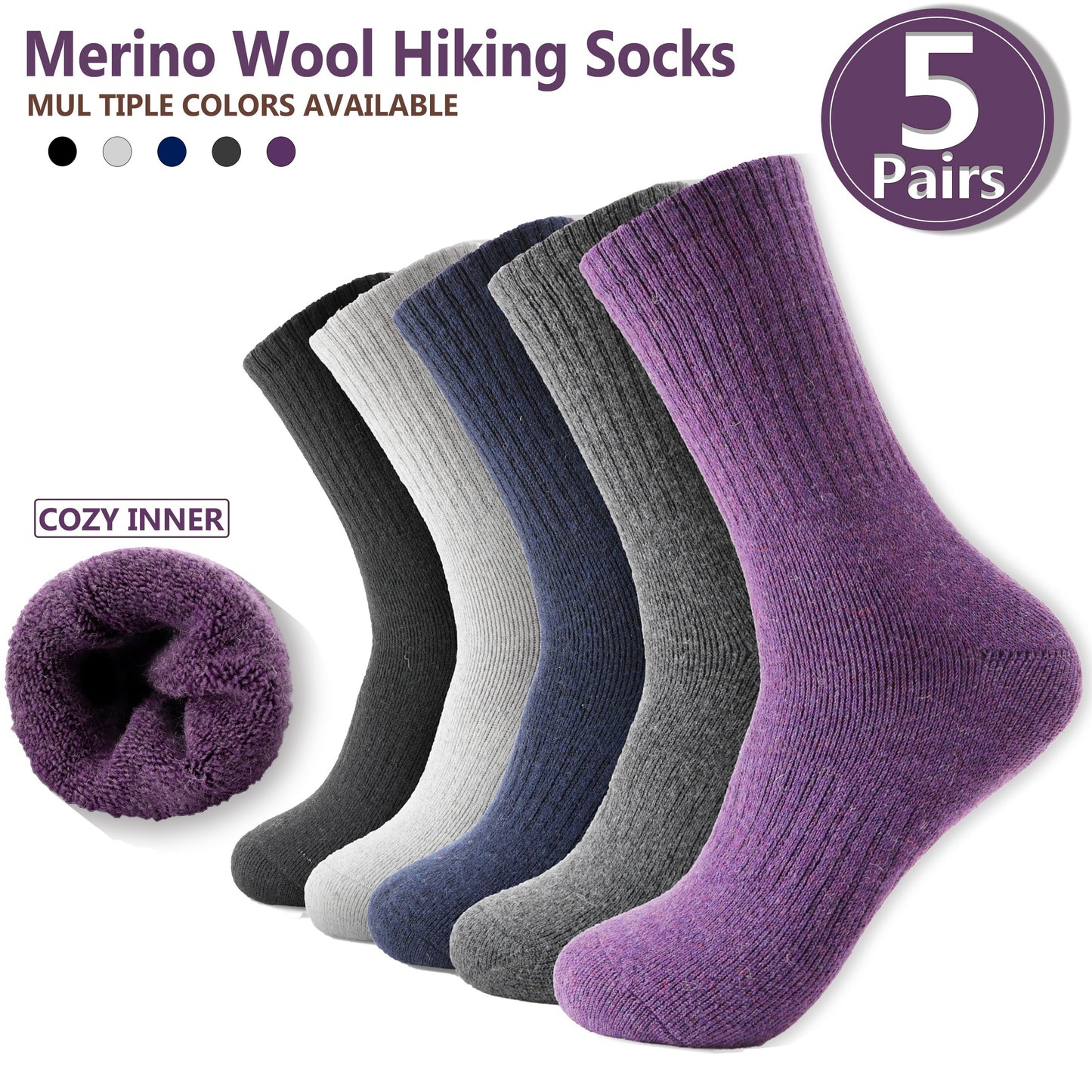 5 Pairs Merino Wool Hiking Socks, Thermal Warm Winter Thick Cushion Moisture Wicking Crew Boot Socks for Women, Perfect for Cold Weather, Winter Warm Essentials