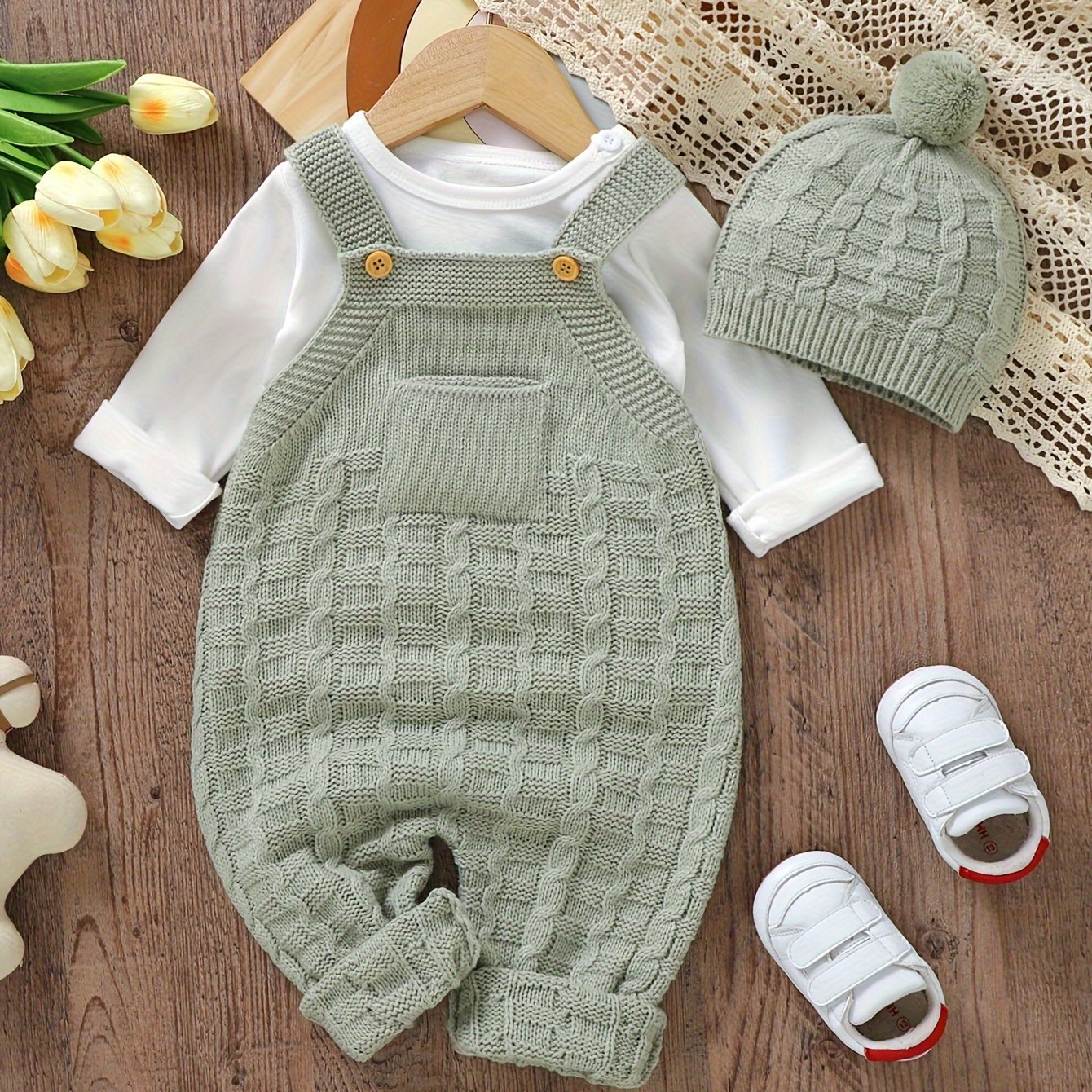 DOVFANNY 2pcs Baby Outfit Set, Acrylic Knit Crew Neck Jumpsuit with Leggings and Matching Hat, Casual Solid Color, Slight Stretch, Sleeveless, Regular Fit for Fall/Winter, for Outdoor