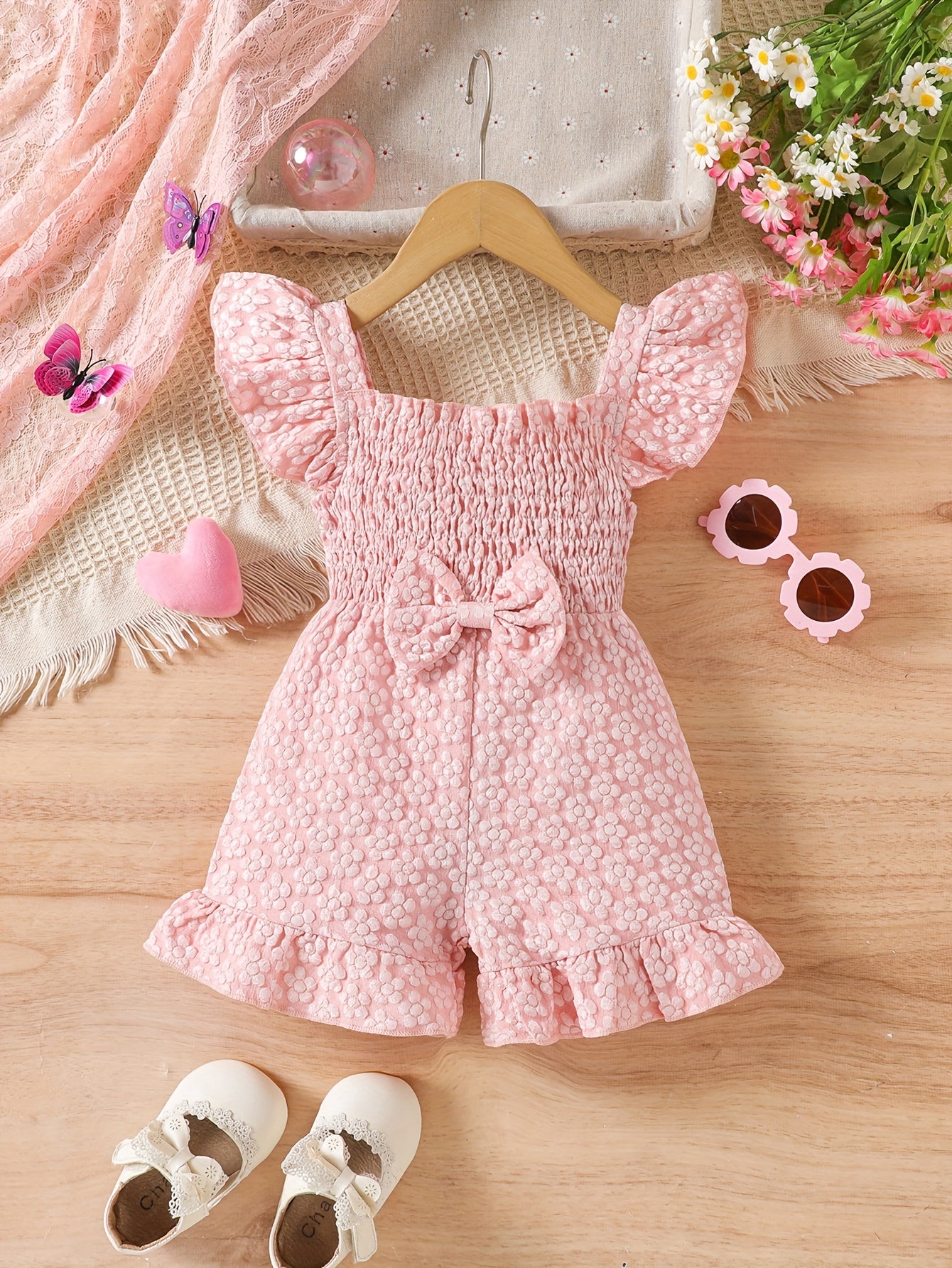 Summer Floral Print Girl'S Romper with Puff Sleeves & Bow Detail - Light Purple Ruffled Hem, Breathable Shorts for 0-3 Years, Cute Outfit for Warm Weather, Toddler Girl Outfit, Playful Little One'S Wear, Soft Texture Fabric, for Outdoor