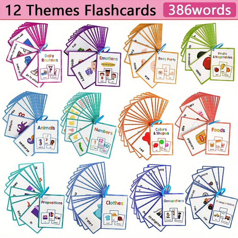 12 Themes Learning Flash Cards 386 English Words, Kids Toddler Colors, Shapes and Numbers, Learning Toys, Educational Preschool Flashcards Kindergarten Educational Toys School Supplies
