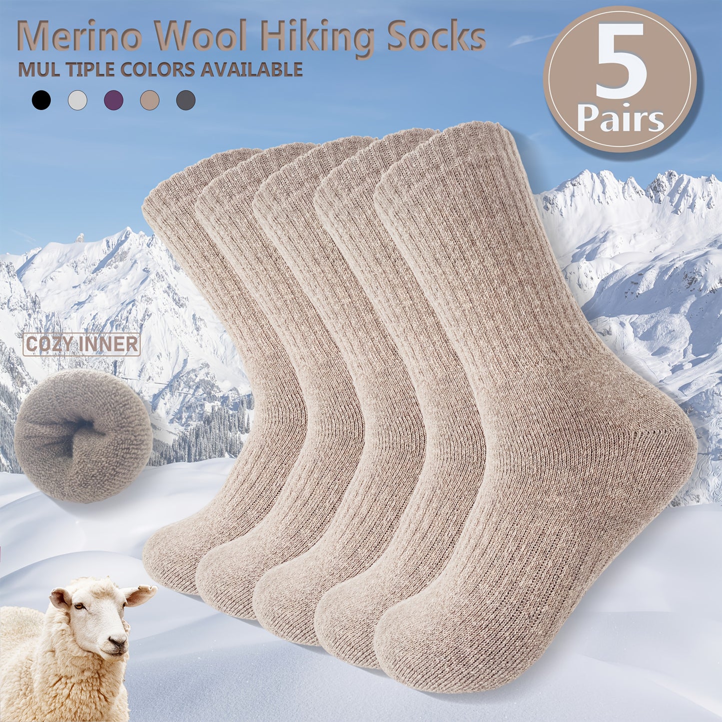 5 Pairs Merino Wool Hiking Socks, Thermal Warm Winter Thick Cushion Moisture Wicking Crew Boot Socks for Women, Perfect for Cold Weather, Winter Warm Essentials