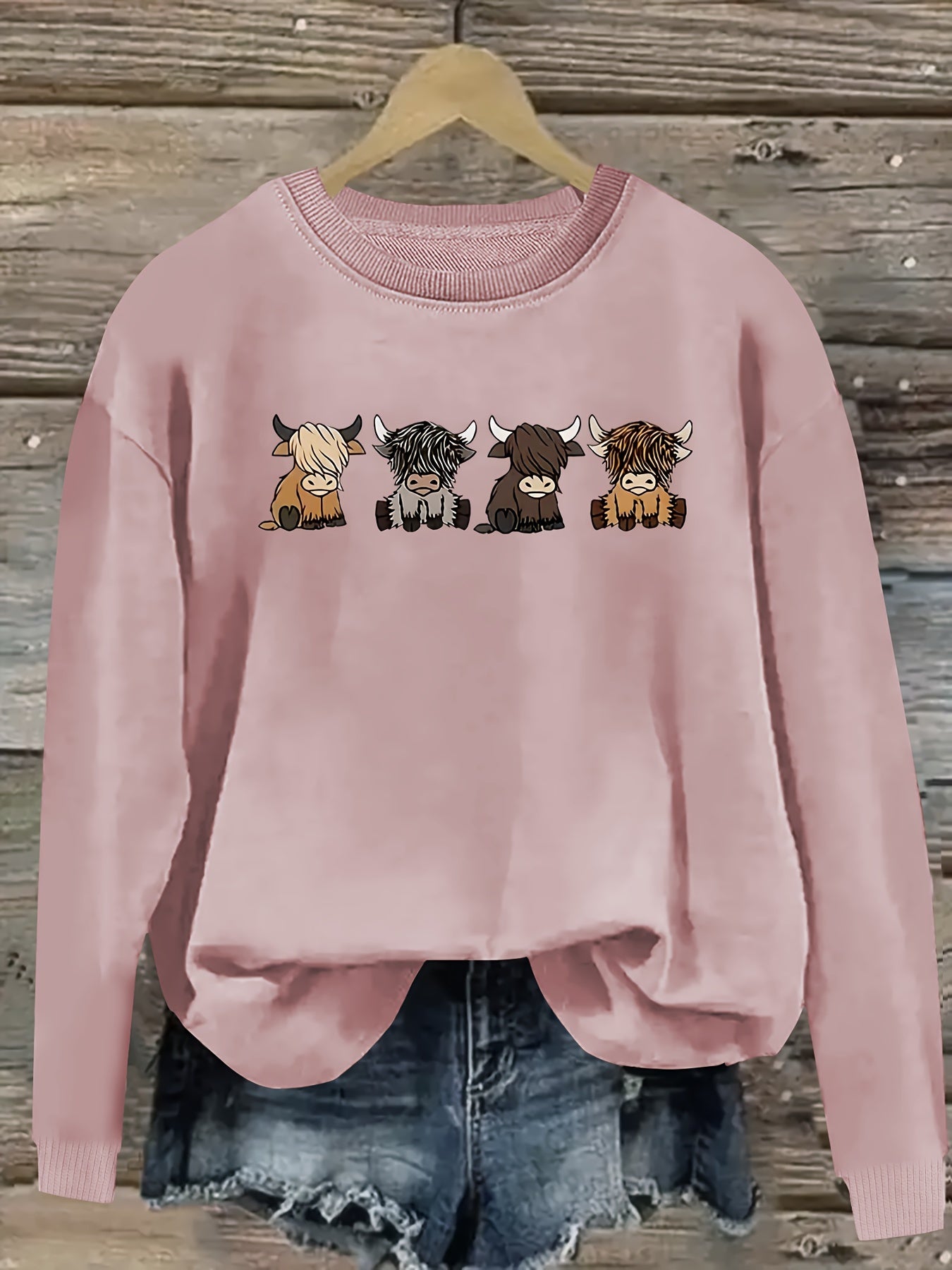 Women's Casual Long Sleeve Round Neck Sweatshirt - Cute Cartoon Cow Print Pullover, Cozy Beige Fall Winter Top, Machine Washable Regular Fit, Autumn Apparel, Comfortable Wear