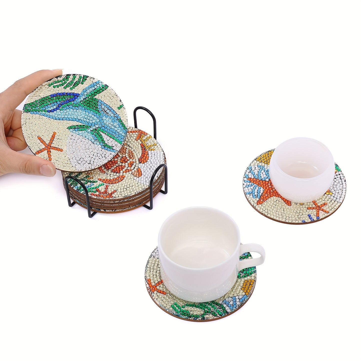 8pcs/set Diamond Painting Kit - DIY White Undersea World Coasters with 10x10cm/3.94x3.94inch Size, Holder, Washable, for Beginners, Adults & Art Craft Supplies
