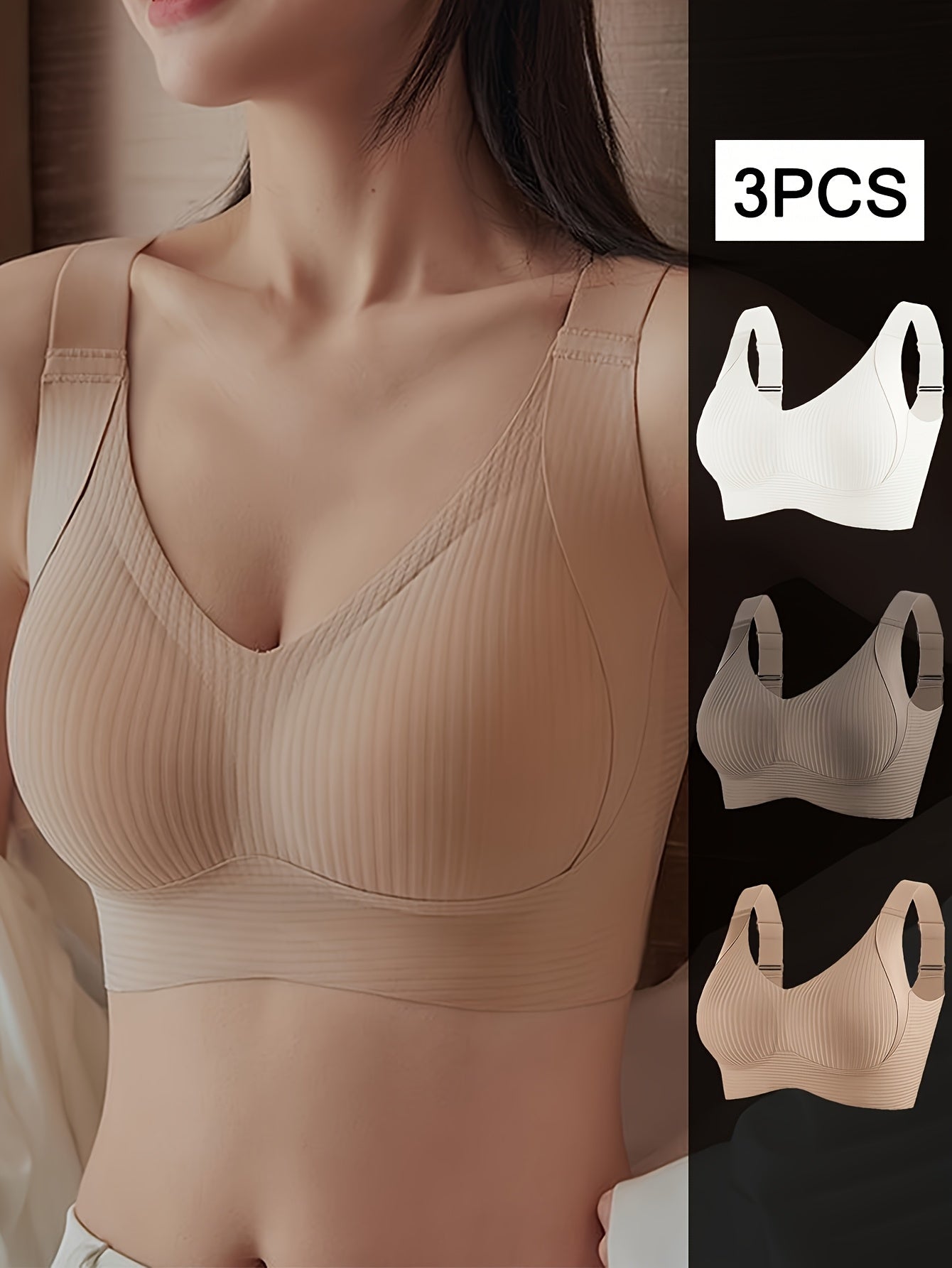 3pcs Women's Push-Up Bras Anti-Sagging Adjustable Comfort Seamless High Support Wire-Free with Removable Pads & Side Smoothing Striped Design - Breathable Soft Fabric for Casual Attire (Light Beige/White/Black), Comfortable Lingerie, Stylish Lingerie, Smo