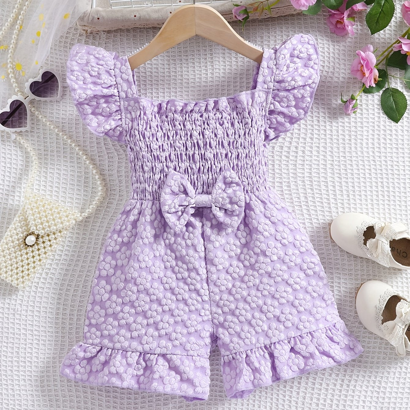 Summer Floral Print Girl'S Romper with Puff Sleeves & Bow Detail - Light Purple Ruffled Hem, Breathable Shorts for 0-3 Years, Cute Outfit for Warm Weather, Toddler Girl Outfit, Playful Little One'S Wear, Soft Texture Fabric, for Outdoor