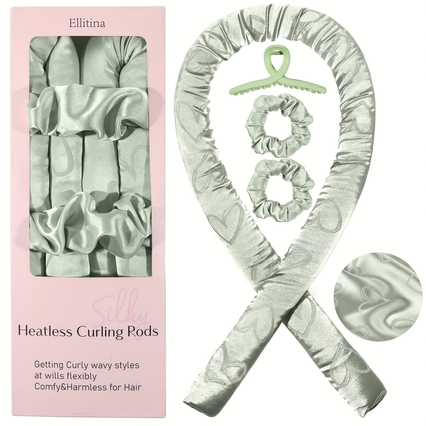 Ellitina 4pcs Spring-Summer Heatless Curling Set - No-Heat Overnight Waves & Satin Travel Kit | Sleep-Soft Adjustable Rod & Headbands (Leopard/Hearts) | DIY Vacation Curls Anywhere | Luxury Mother's Day gift