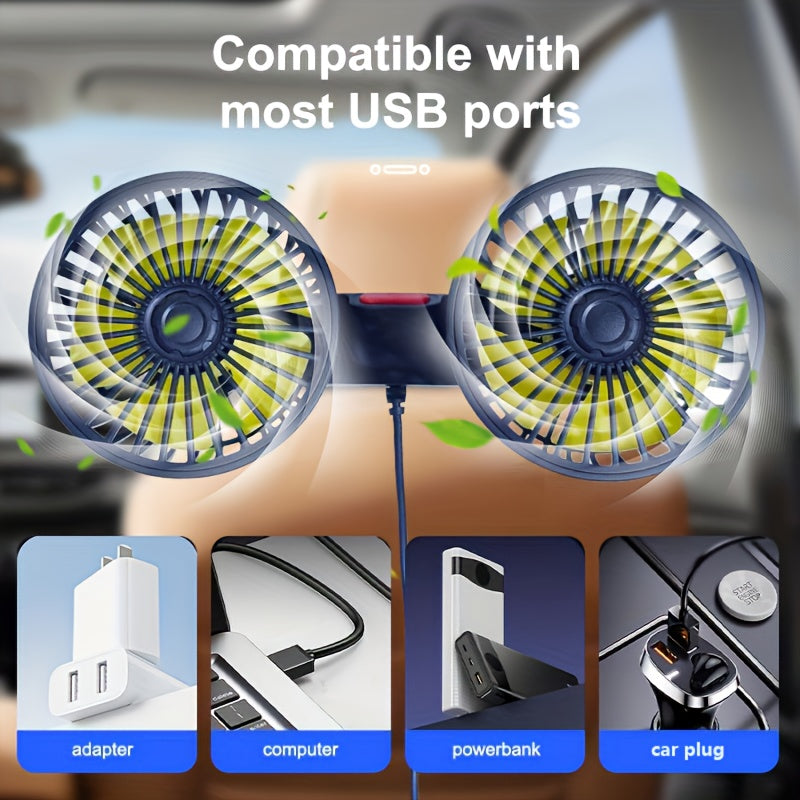 Car-Mounted Fan, Small Car Air Conditioner, Dual Fans, Vehicle Ventilator, Automotive Mini AC, Dual-Head Rear Fan, Powerful Windflow, 5 Blades, 360° Rotation, Ultra-Quiet Operation, Easy Clip Installation, Foldable for Underheadrest Storage, Detachable fo