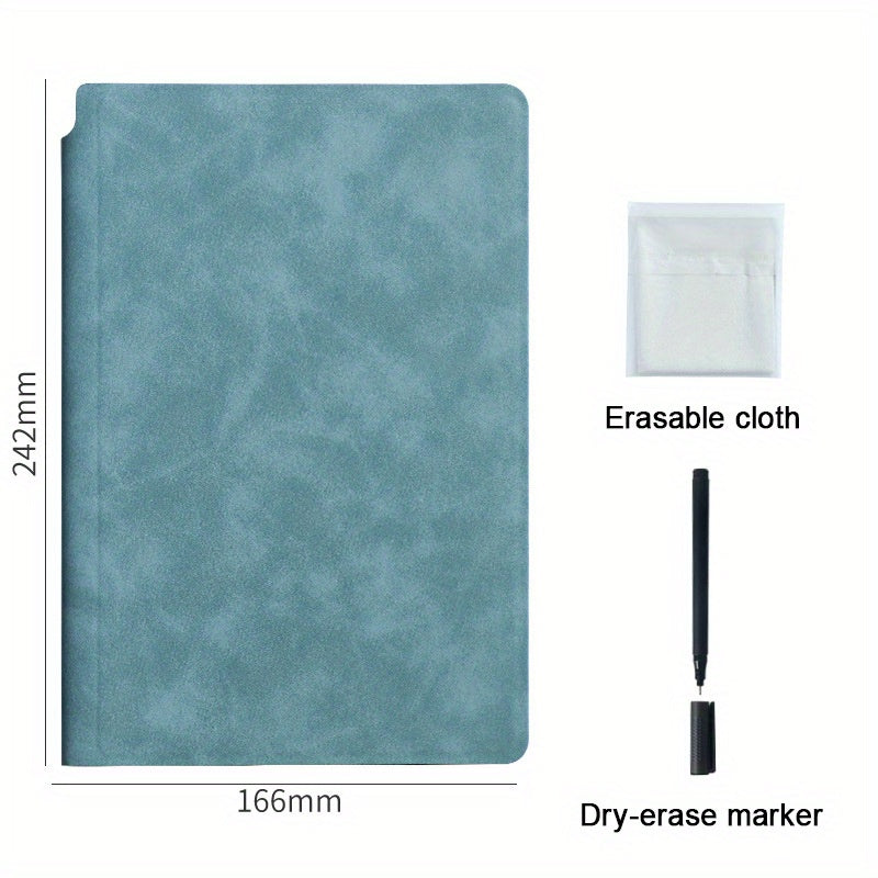A5 Reusable Whiteboard Notebook with Faux Leather Cover - Portable Weekly Planner, Math Formulae & Illustrations Erase Cleanly, Includes Pen & Cloth, Ideal for Office & School, Notebooks for School