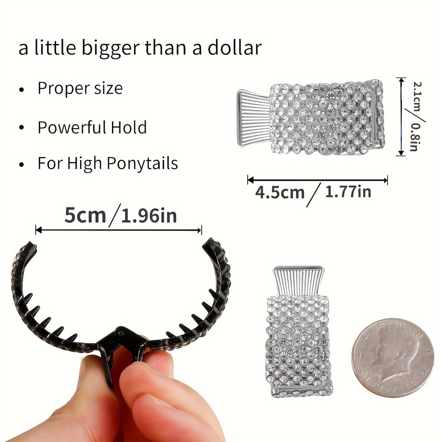 1.77Inch Small Hair Claw Clips For High Ponytail, Rhinestone Shark Hair Clips For Women Thick Long Hair(Pack Of 3)