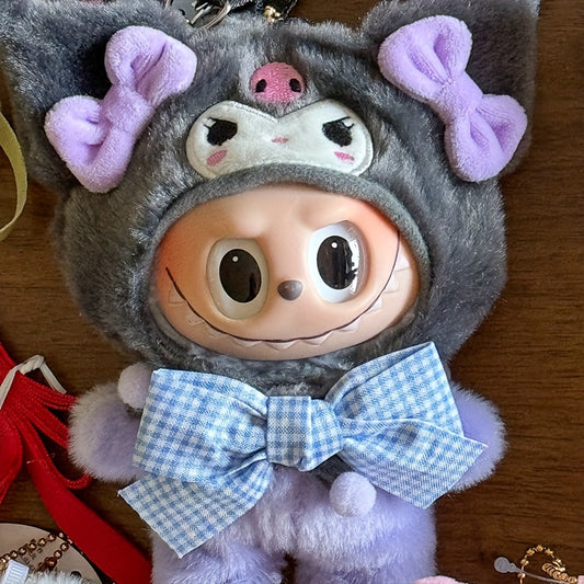 For Hello Kitty COS Rabbit Plush Backpack Accessory - Cute Blue & White Checkered Bow Design, Soft Polyester Fabric, Ideal for School & Birthday Gifts, School Backpack Accessory | Playful Accessory | Durable Zippers, Cute Backpacks